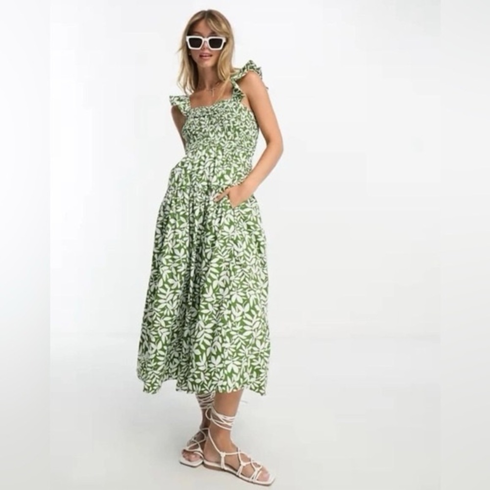Abercrombie & Fitch Green Leaf Print Midi Dress